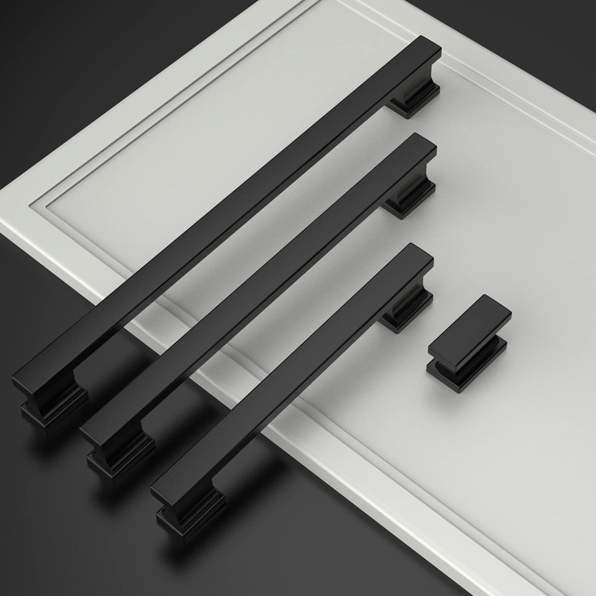 Amerdeco matte black rectangle knob tilt view shows easy installation and durable finish.