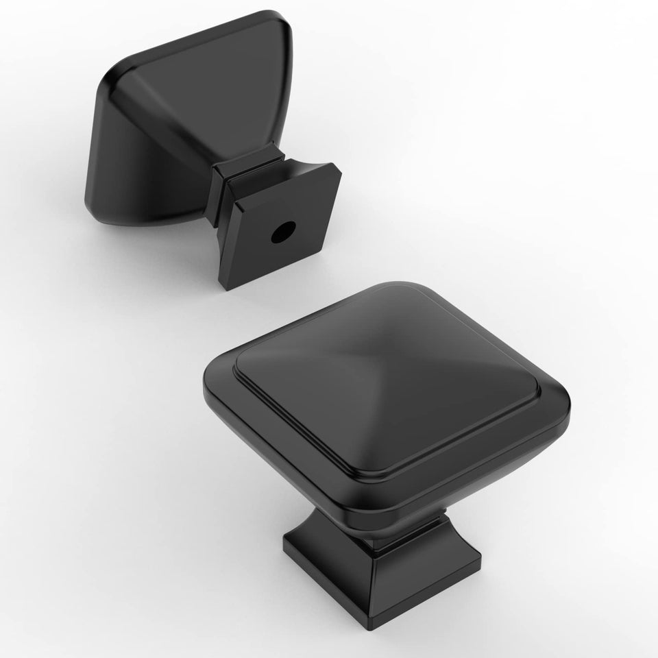 Amerdeco matte black square knob closeup for modern kitchen cabinets