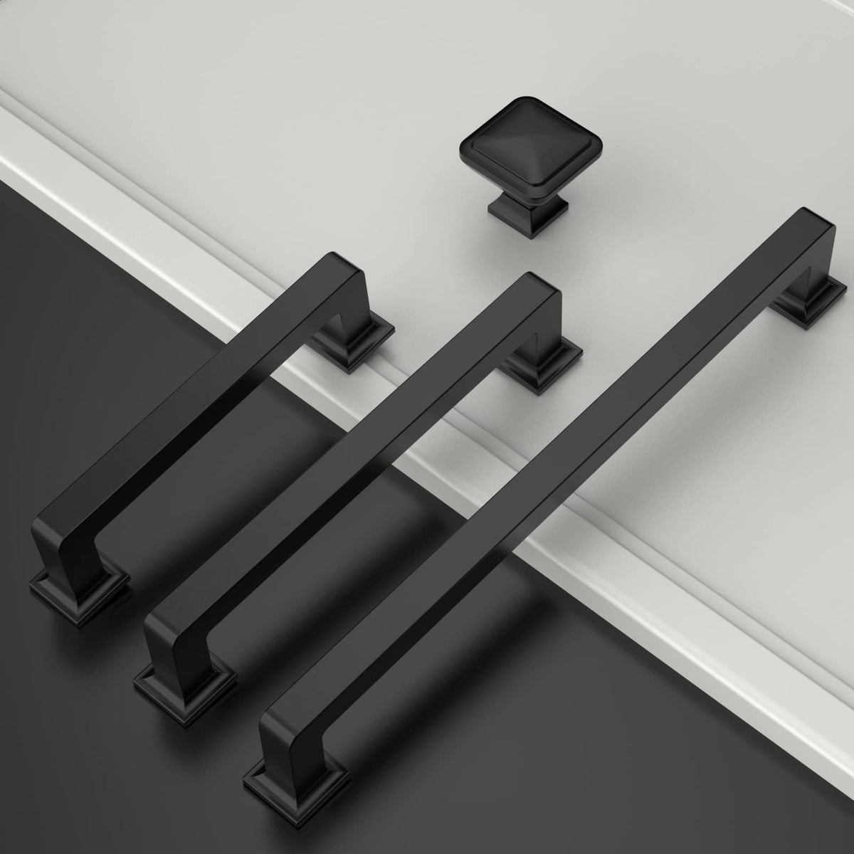 Amerdeco matte black square knob installation on cabinet