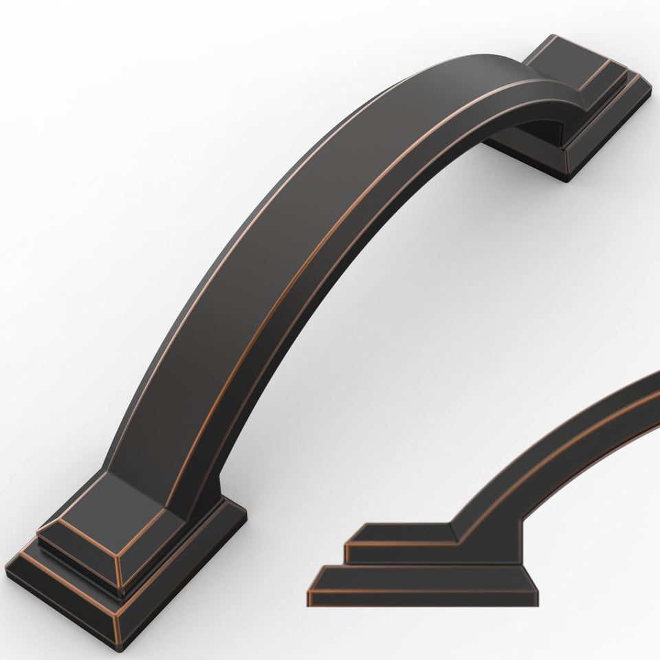 Amerdeco oil rubbed bronze cabinet pull with 3-inch center, angled installation view