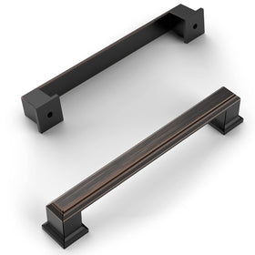 Amerdeco oil rubbed bronze cabinet pull close-up on dark wood cabinet.