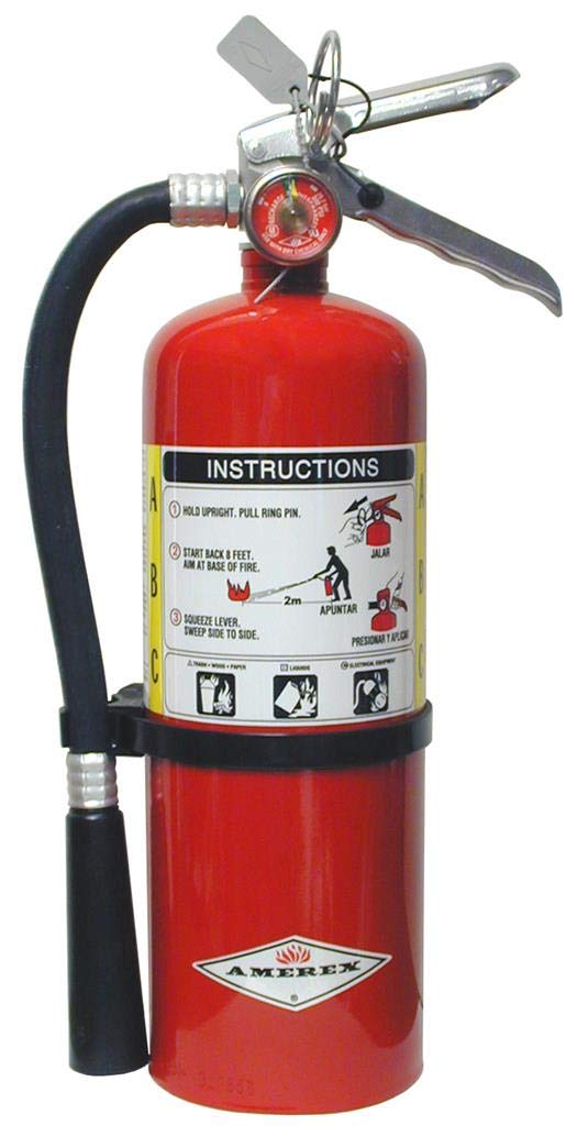 Amerex B500 fire extinguisher front view, ready for quick access.