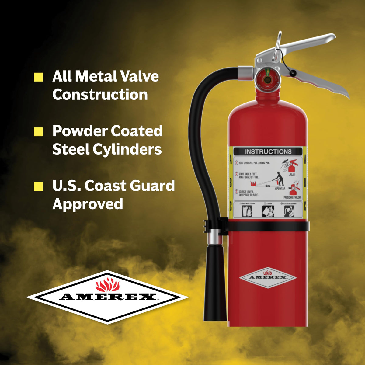 Amerex B500 hose and nozzle, precise spray for reaching fire hazards safely.