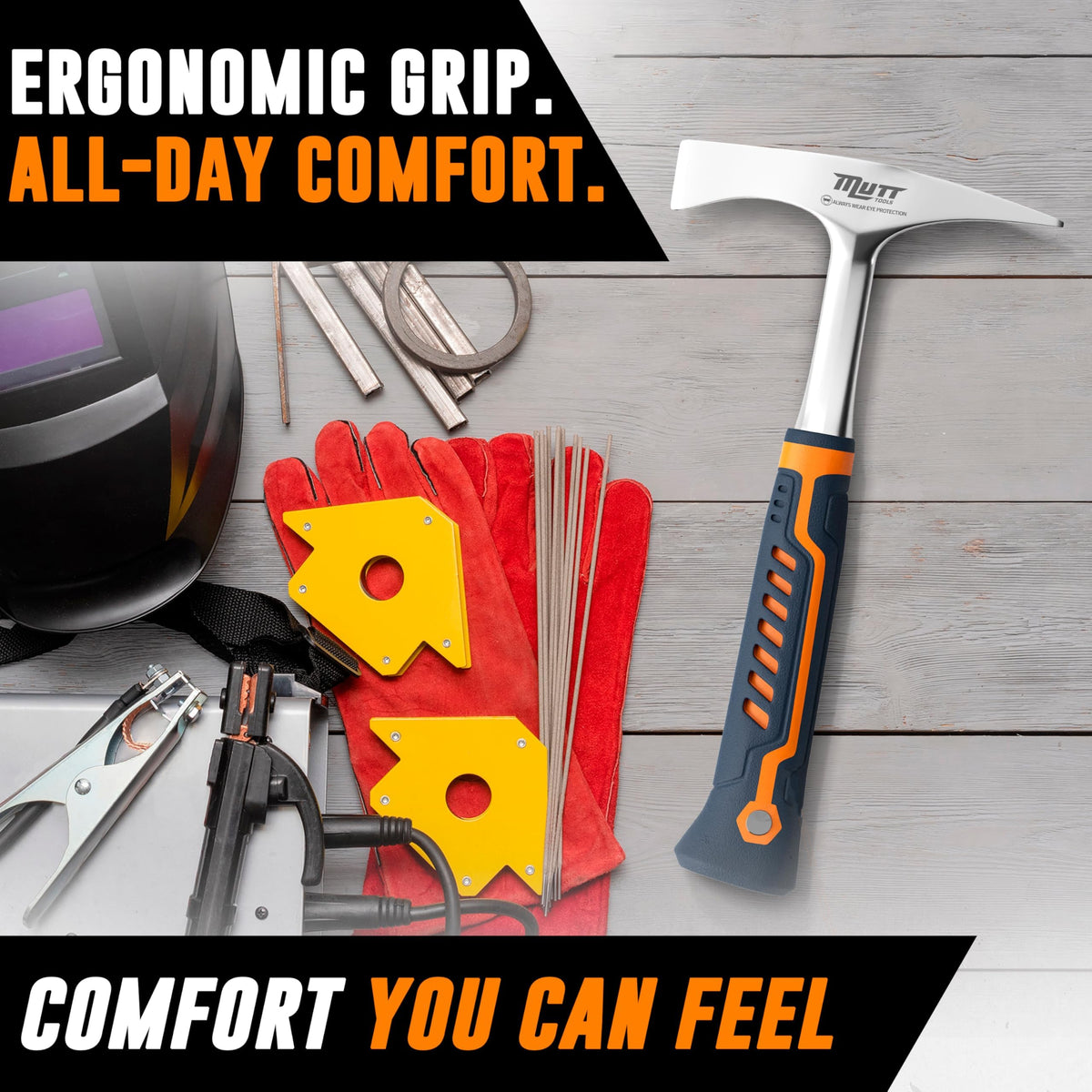 Flat end for broad slag breakup and cleanup with American Mutt Tools hammer.