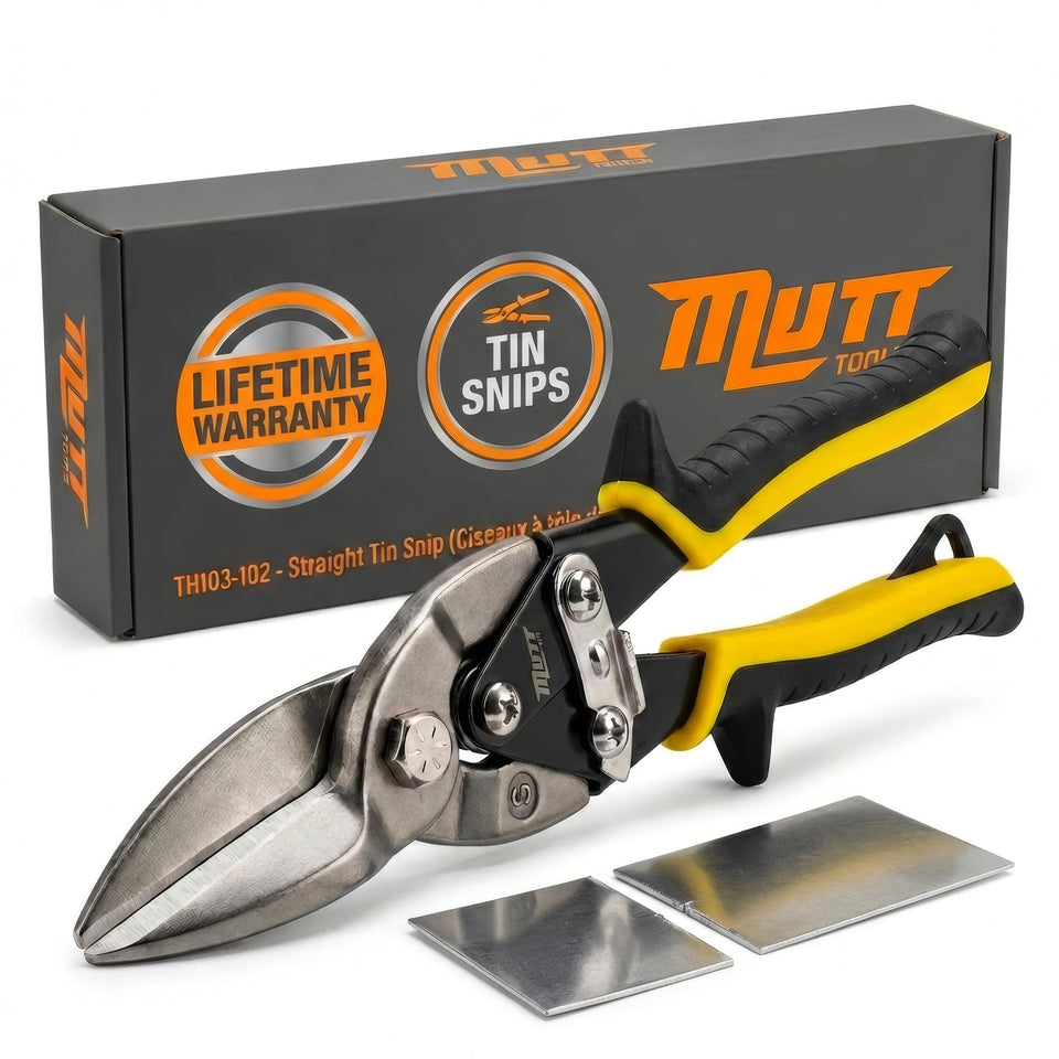 AMERICAN MUTT TOOLS Mutt Tools 10in heavy-duty shears cutting metal with precision.