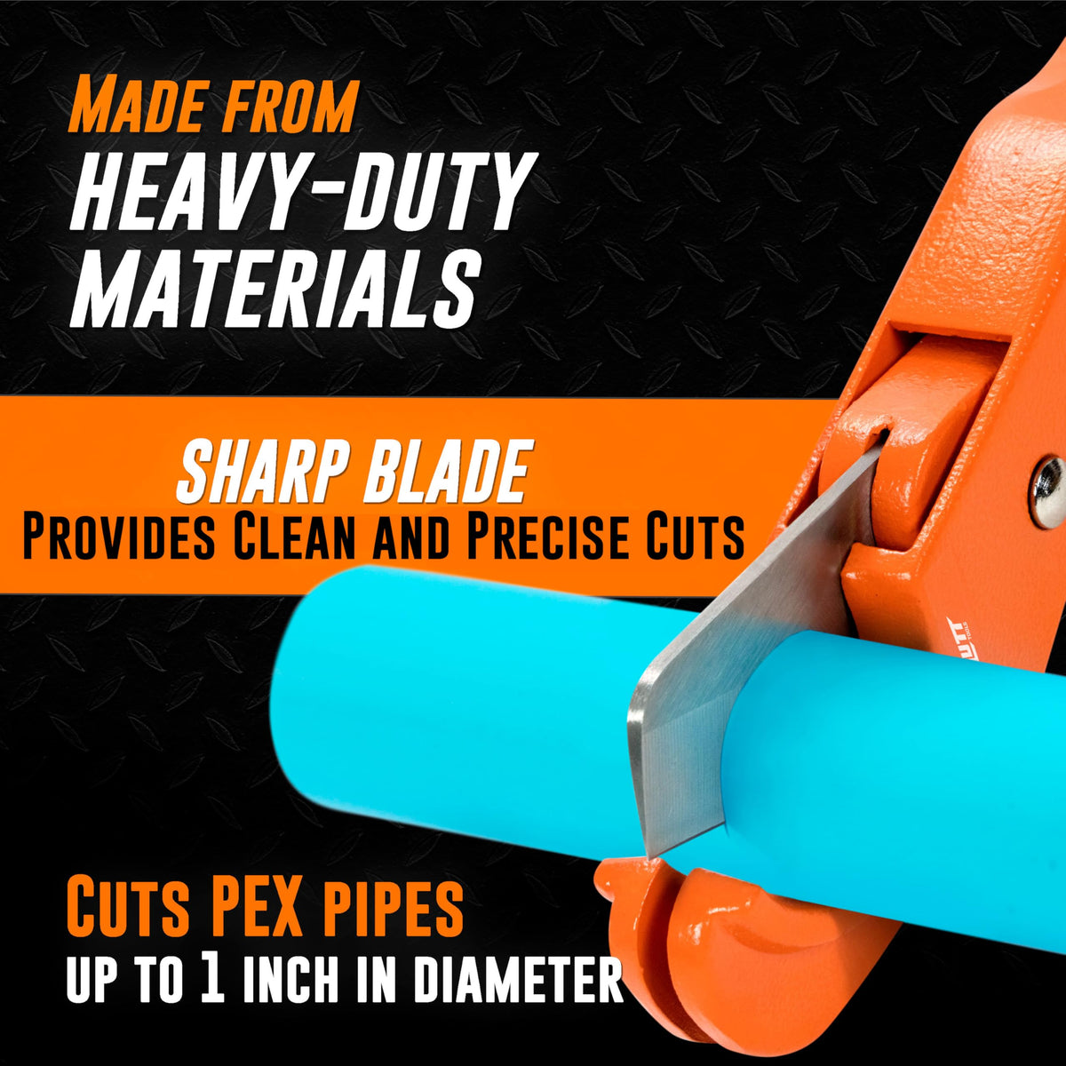 American Mutt Tools PEX cutter with ratcheting mechanism enables clean, repeatable cuts.