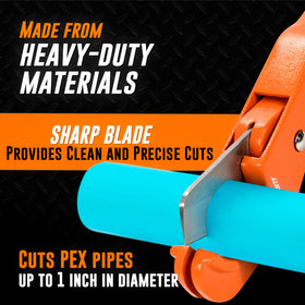 American Mutt Tools PEX cutter with ratcheting mechanism enables clean, repeatable cuts.