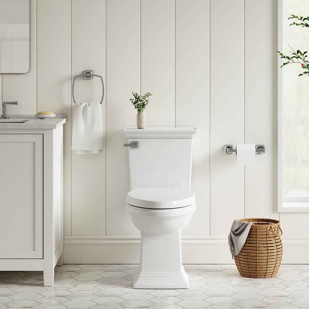 American Standard quiet-close hinges shown in action prevent slams and finger pinches.