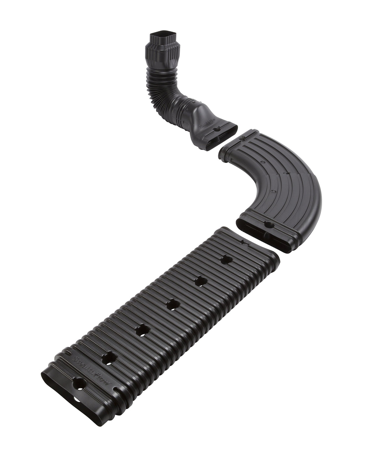 Amerimax StealthFlow 4631 elbow closeup with snap-together, tool-free installation.
