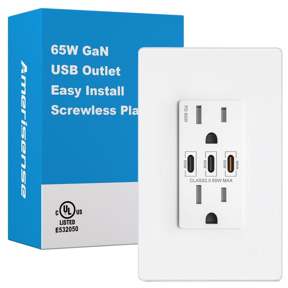 Amerisense GaN 65W three-port wall outlet powering multiple devices.