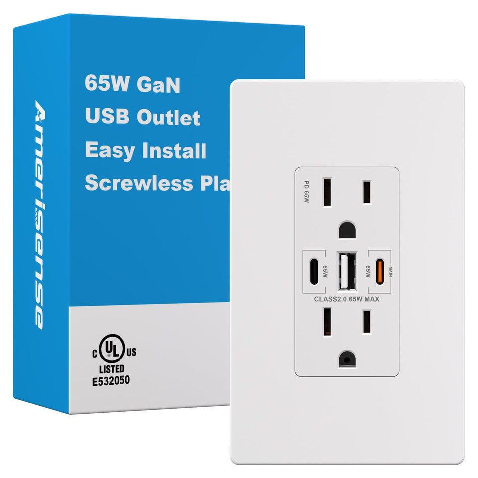 Amerisense GaN 65W wall outlet front view for fast charging devices.
