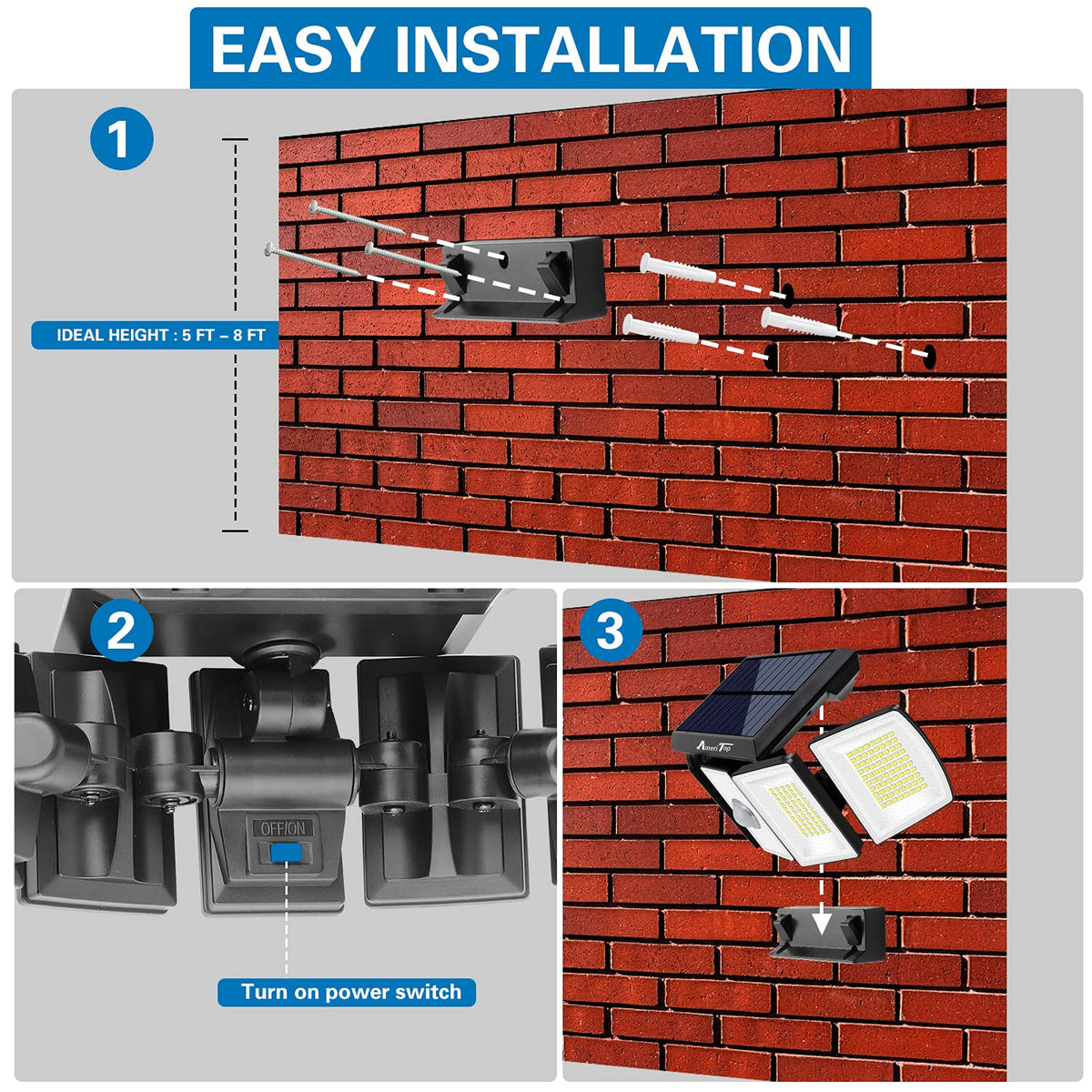 AmeriTop three-heads light — 360-degree illumination for driveways.