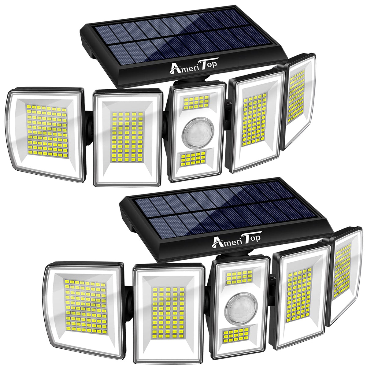 AmeriTop three-heads solar security light — front view with wide-angle coverage for yards.