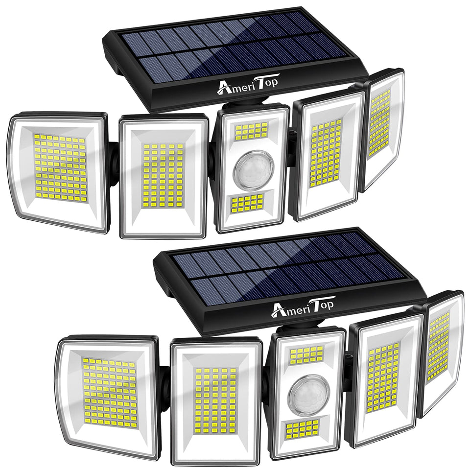 AmeriTop three-heads solar security light — front view with wide-angle coverage for yards.