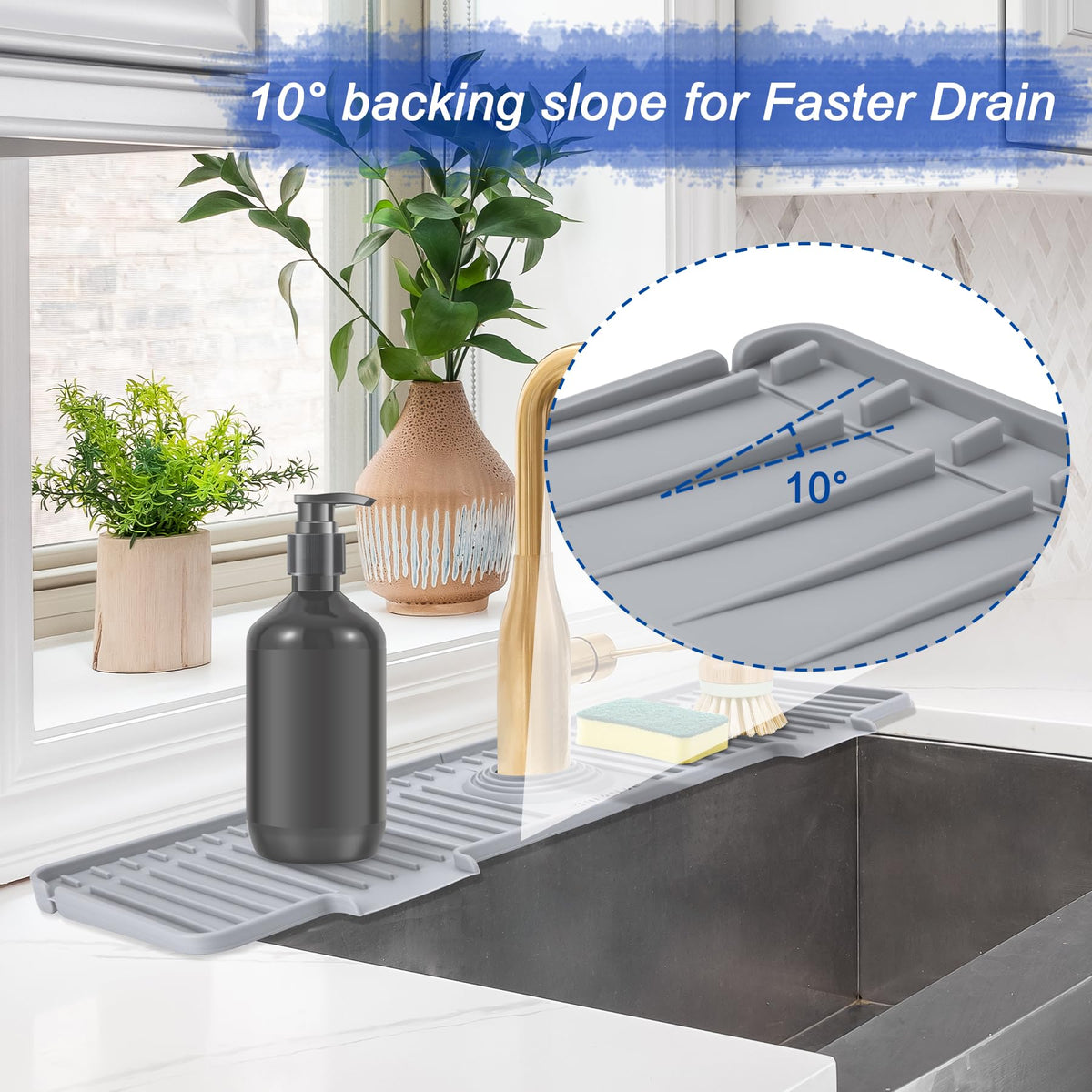 Amerner sink mat showing its 10-degree slope guiding drips into the sink