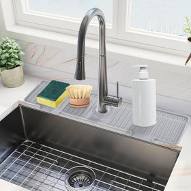 Amerner 20-inch sink splash guard in use protecting countertops from water splashes