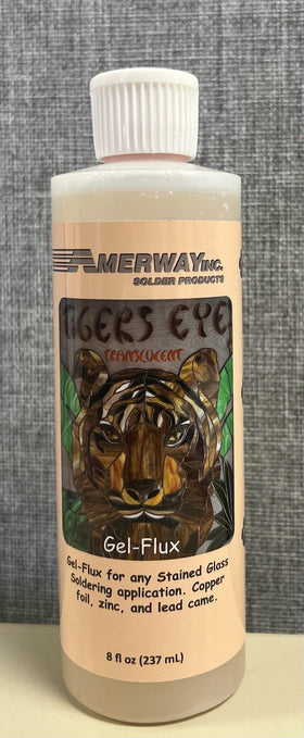 Amerway Tigers Eye translucent gel flux bottle close-up for stained glass soldering