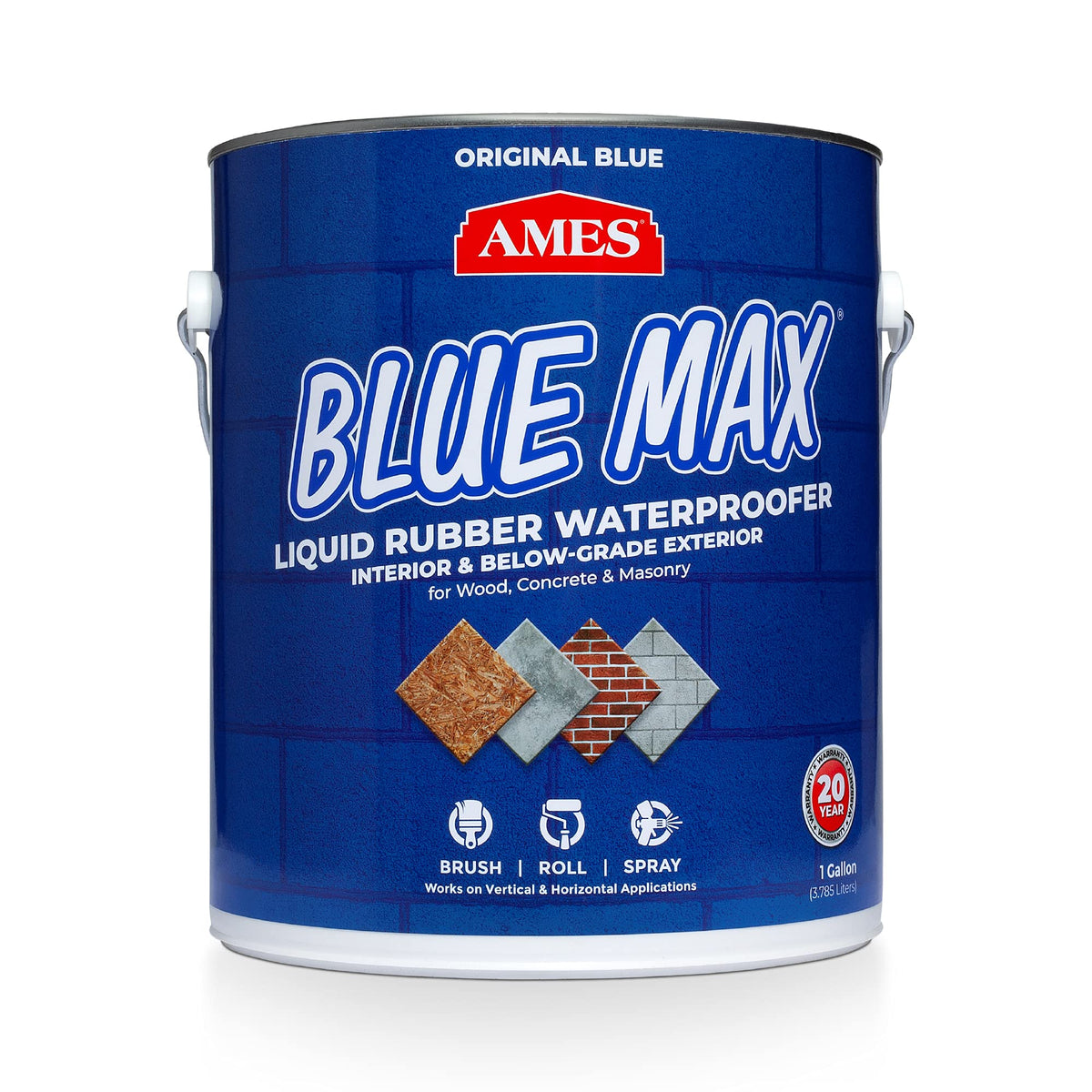 AMES Blue Max bottle pour showing versatile waterproofing for multiple surfaces.