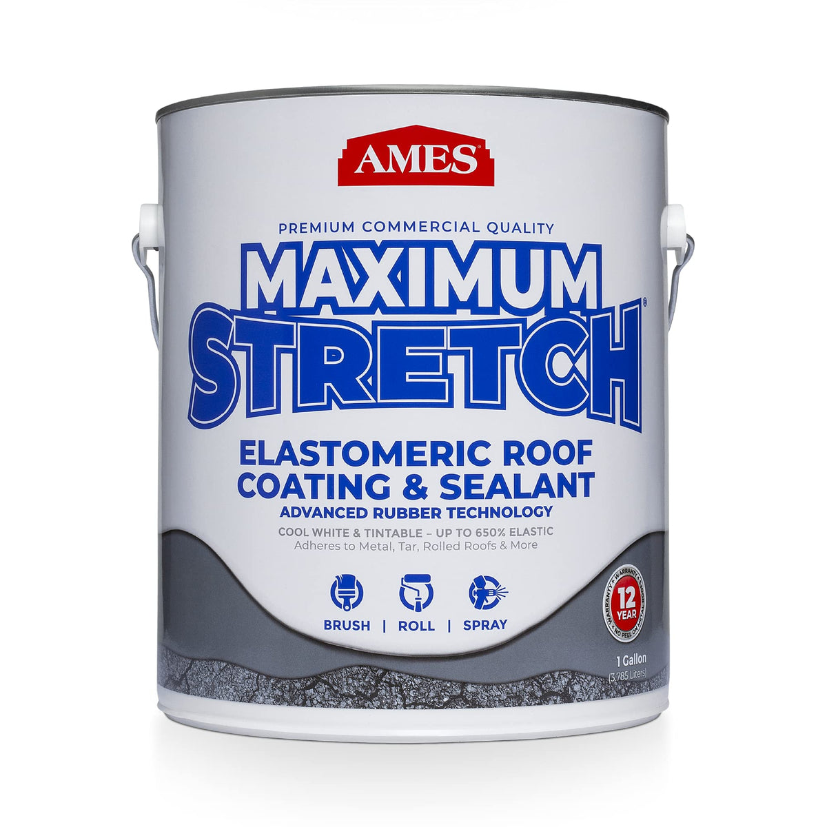 AMES Maximum-Stretch roof coating bottle demonstrates durable white elastomeric sealant for low-slope roofs.