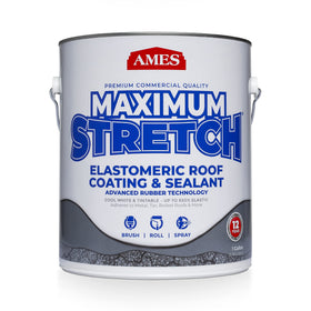 AMES Maximum-Stretch roof coating bottle demonstrates durable white elastomeric sealant for low-slope roofs.