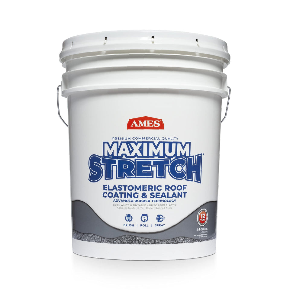 Ames Maximum-Stretch roof coating brush applying sealant on a metal roof.