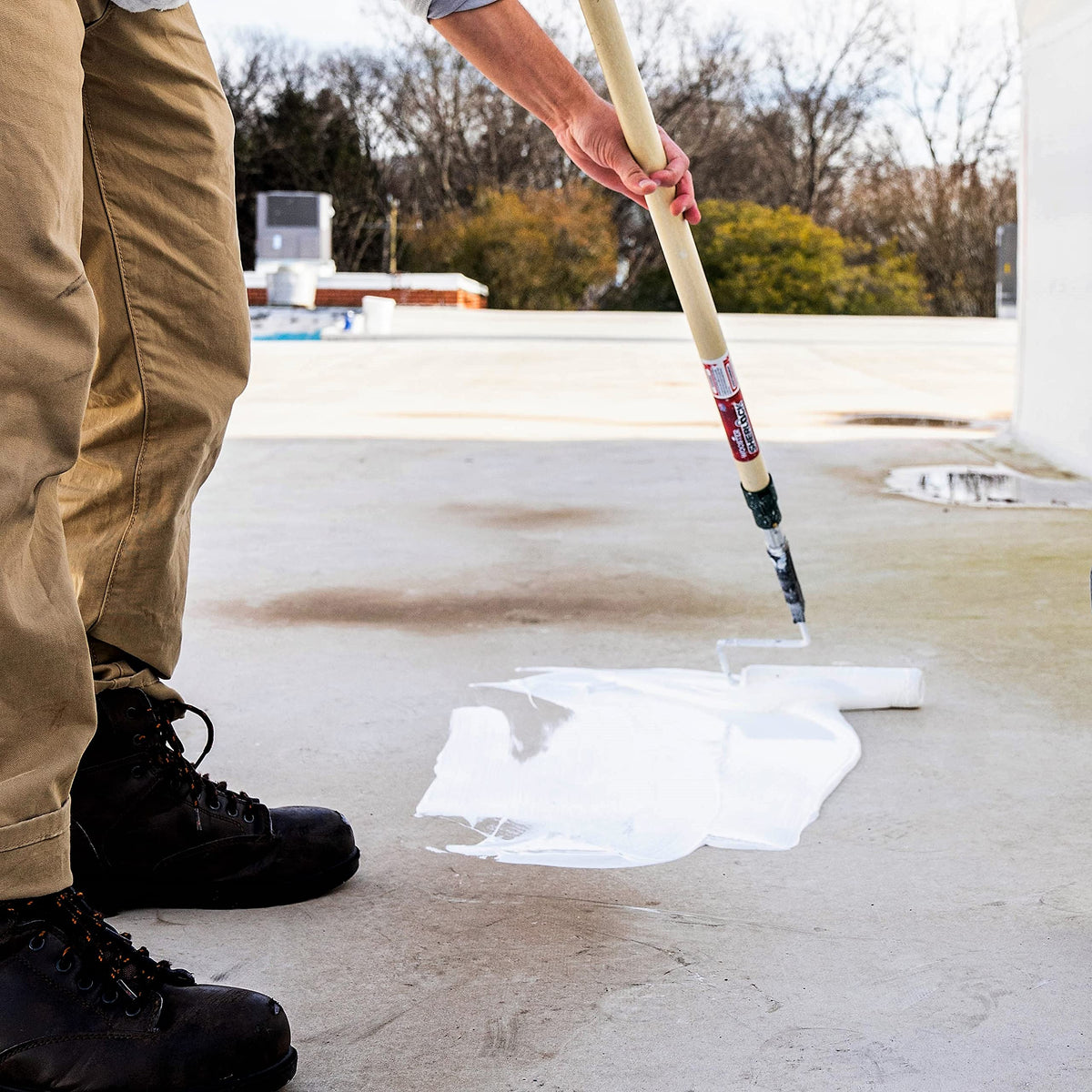 Ames Maximum-Stretch RV roof sealant shown on an RV roof.