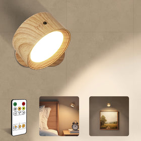 AMETHEUS LED wall lamp with rechargeable wood finish for bedside use