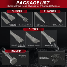 AMGSH air hammer chisels shapes display highlighting nine versatile tips.