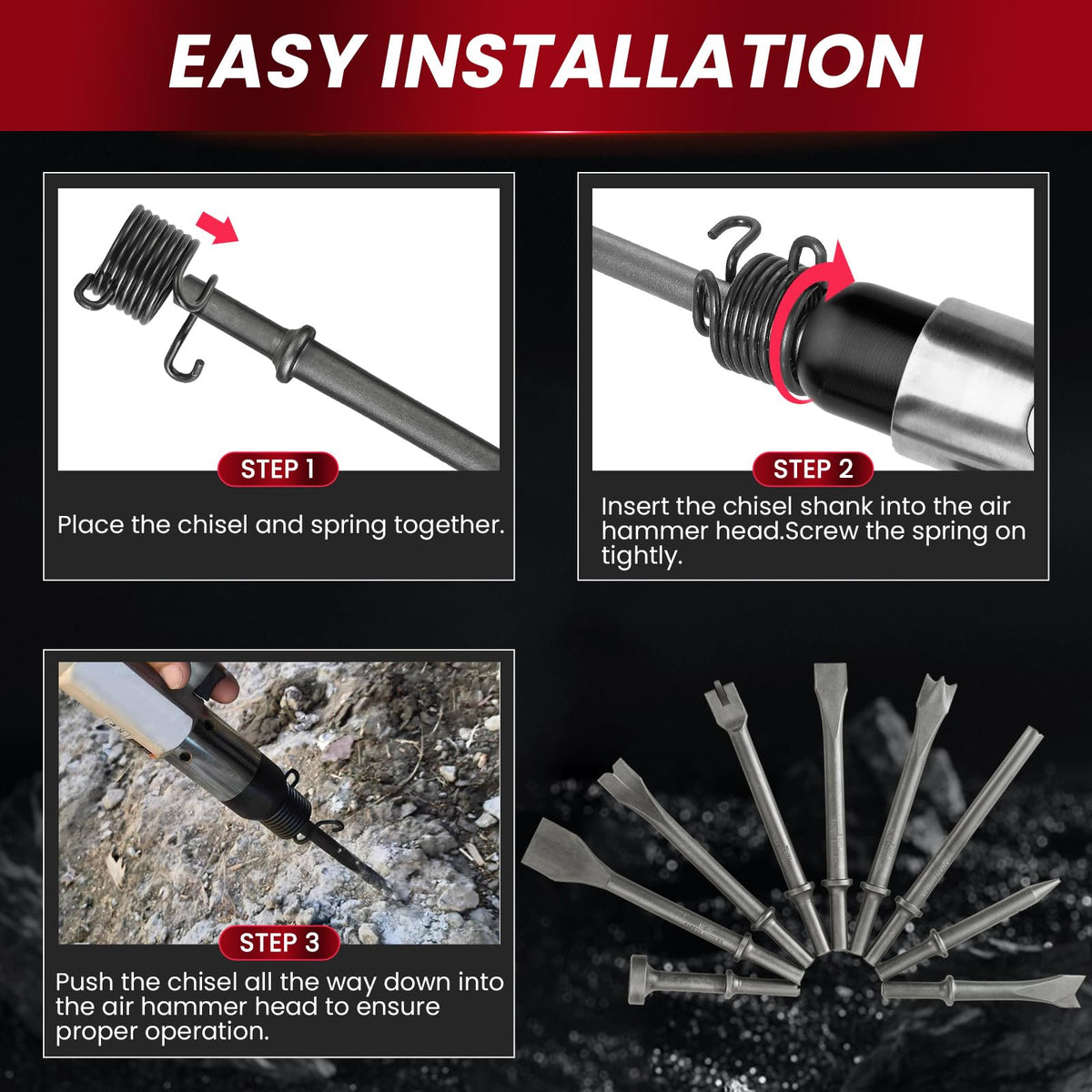 AMGSH compatibility with 150/190/250 air hammers shown.