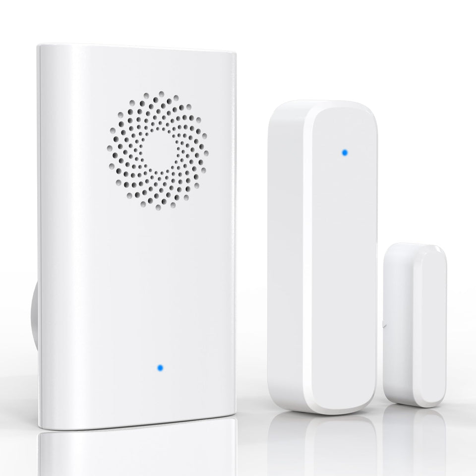 AMHEY wireless door sensor chime setup shows quick plug-and-play installation for entrances.