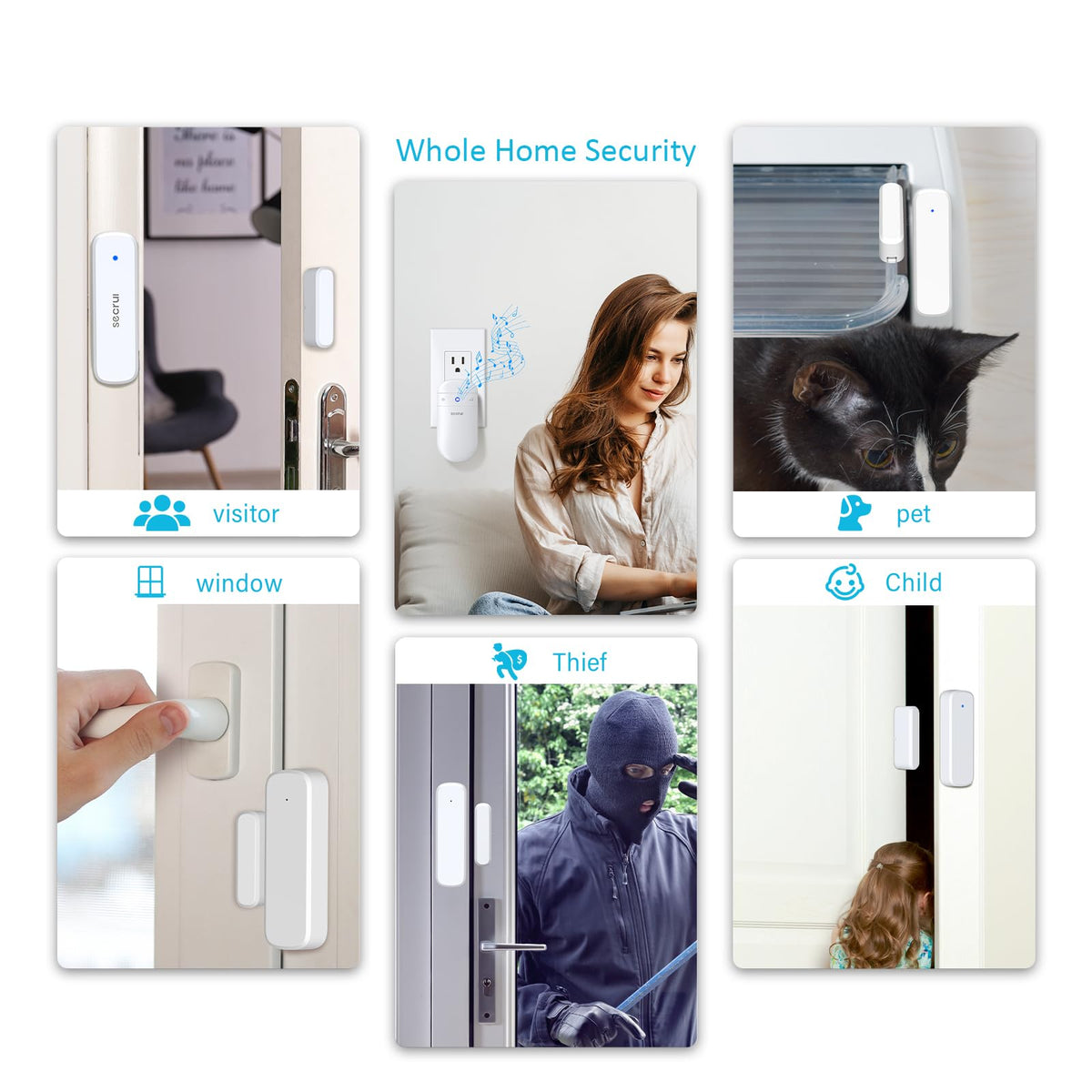AMHEY wireless door sensor chime volume panel highlights 5 levels up to 110 dB for busy spaces.