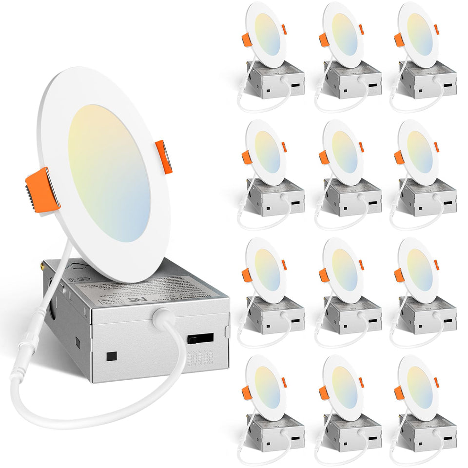 Amico 12-pack 4-inch LED downlight with 5 CCT switch for adaptable ambiance.