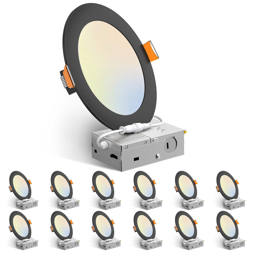 Amico 12-pack black 6-inch LED downlight with J-Box for quick installation.