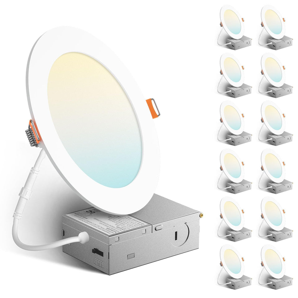 Amico 12-pack 6-inch LED downlights with J-box for easy installation and versatile color temps.
