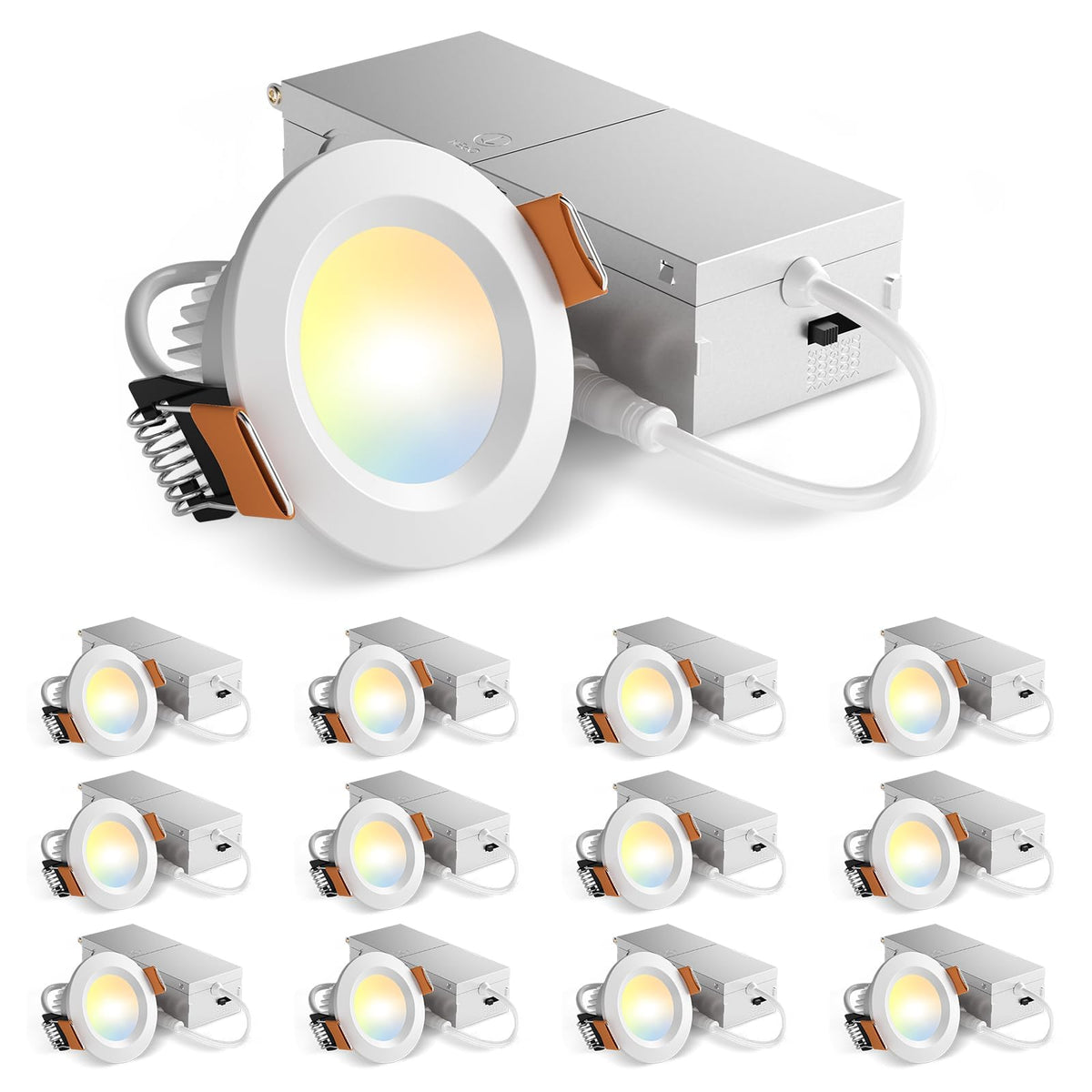 Amico 12-pack 2-inch LED downlight with J-box for versatile color temperature control