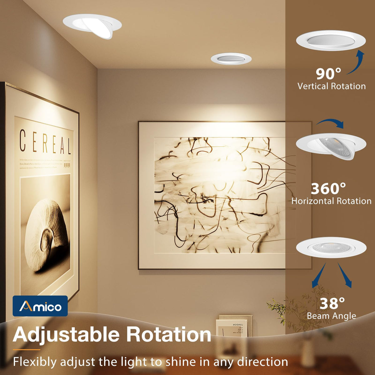 Amico 12-pack 4in gimbal downlight 360-degree rotation enables versatile room illumination.