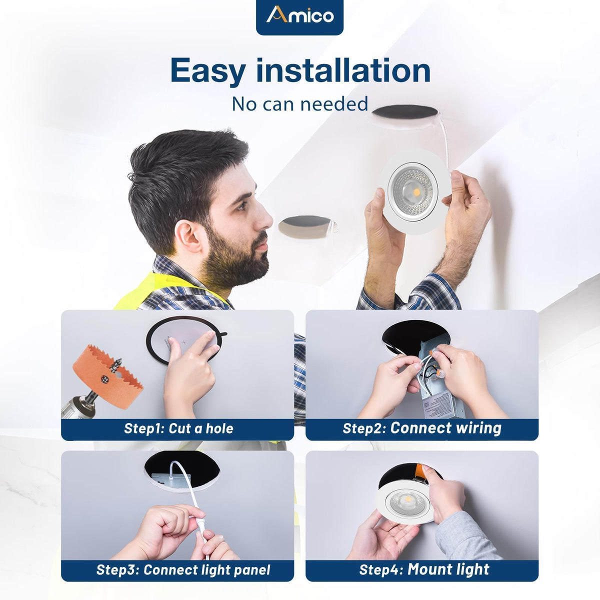 Amico 12-pack 4in gimbal downlight dimmable for smooth brightness control.