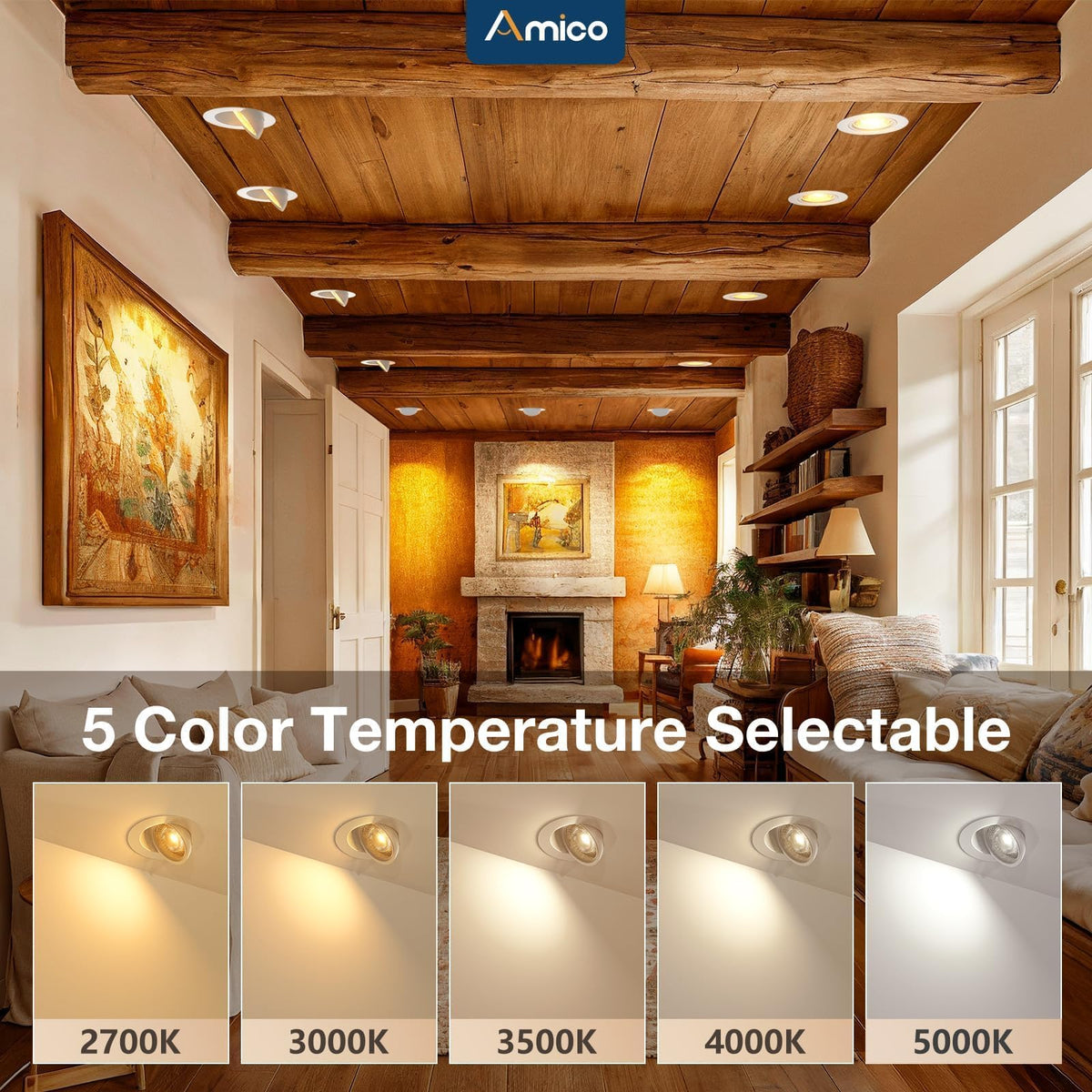 Amico 12-pack 4in gimbal downlight 90-degree tilt supports precise accent lighting.