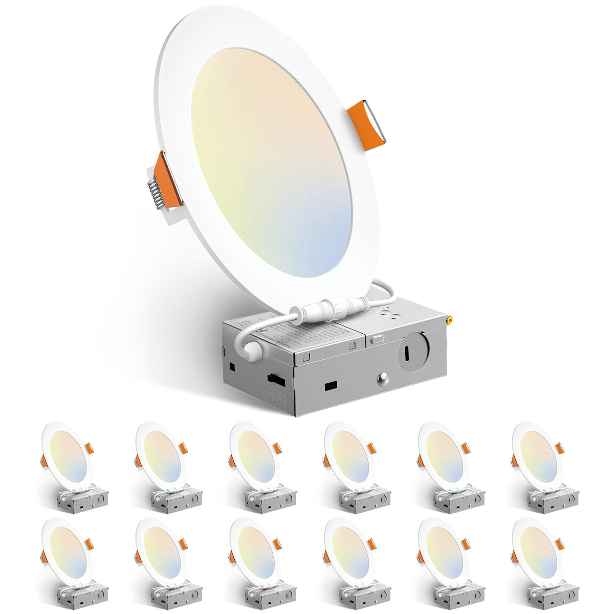 Amico 12-pack six-inch downlight with junction box for versatile room lighting.