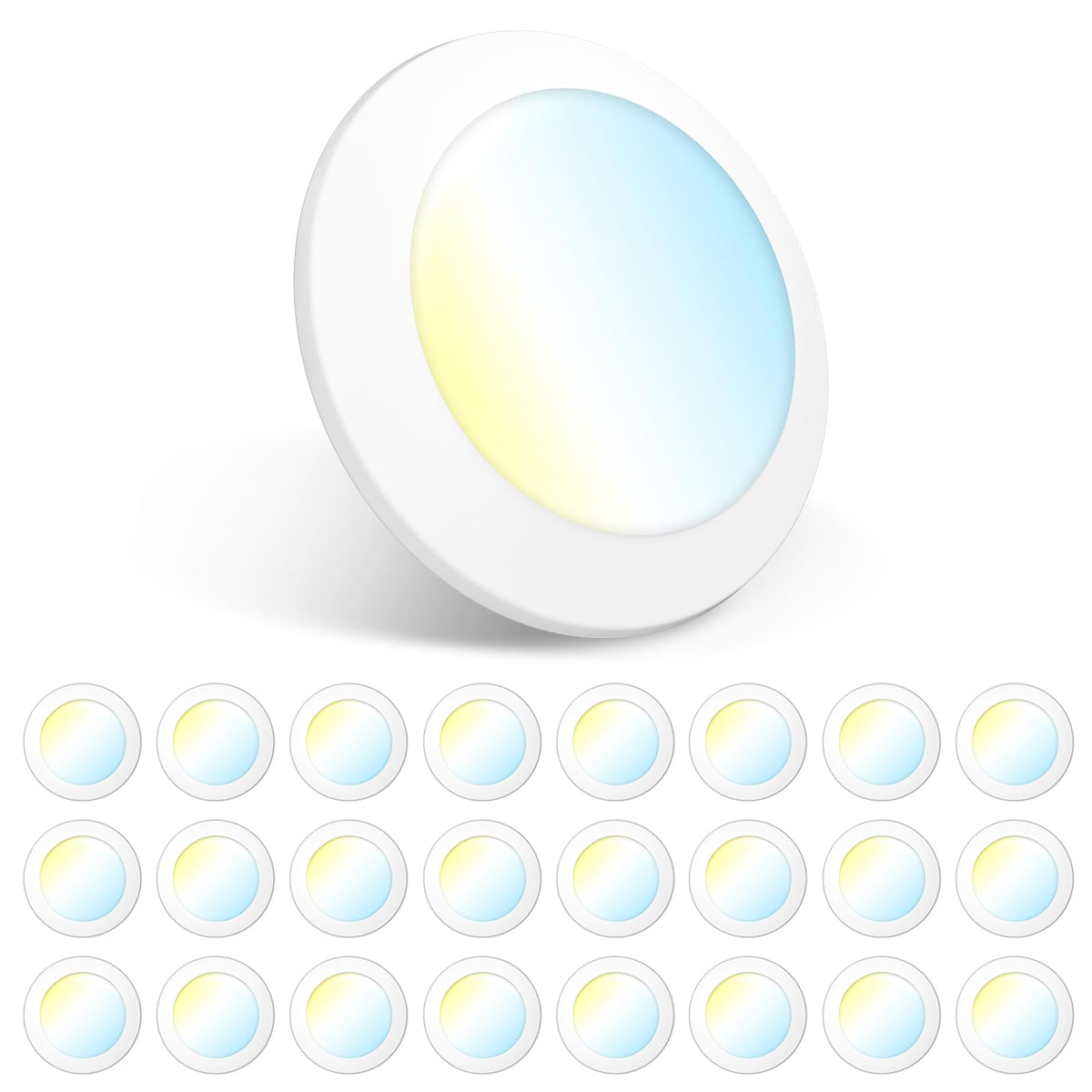 Amico 24-pack LED disk light, recessed install in 5-6 inch housing for clean ceilings.