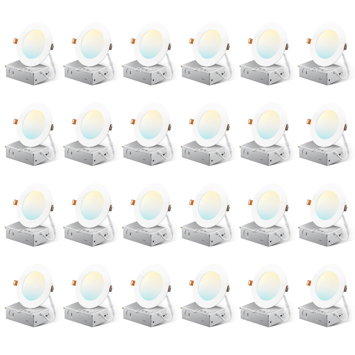Amico 24-pack 4-inch 5CCT downlight with junction box for adaptable color temperature.
