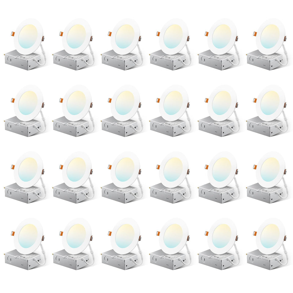 Amico 24-pack 4-inch 5CCT downlight with junction box for adaptable color temperature.
