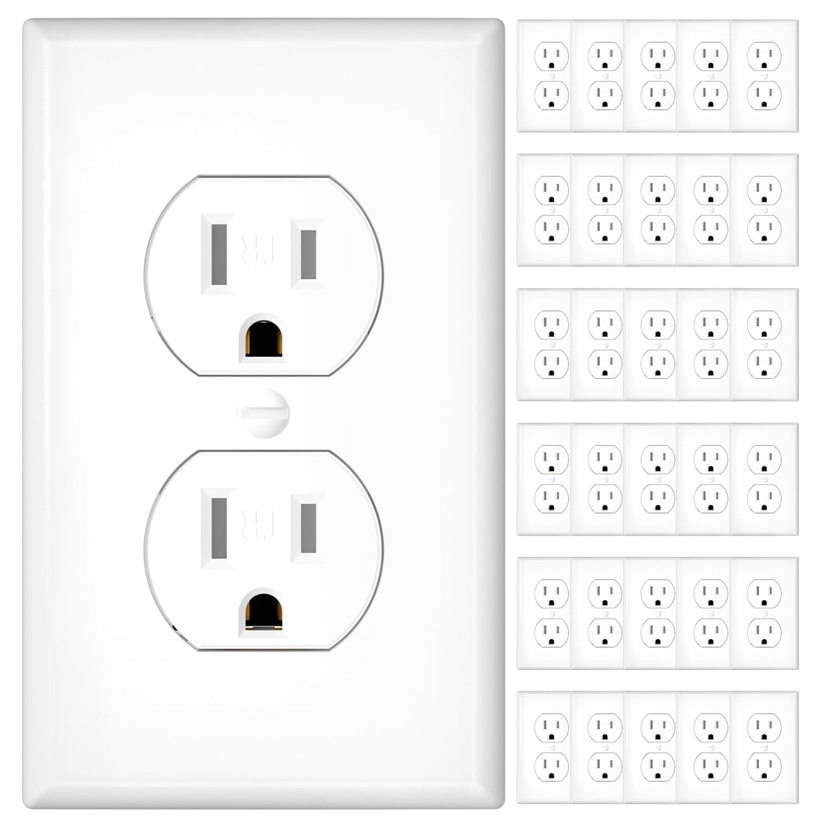 Amico 30-pack duplex outlet with front view showing sturdy 15A receptacles for busy spaces.