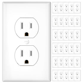 Amico 30-pack duplex outlet with front view showing sturdy 15A receptacles for busy spaces.