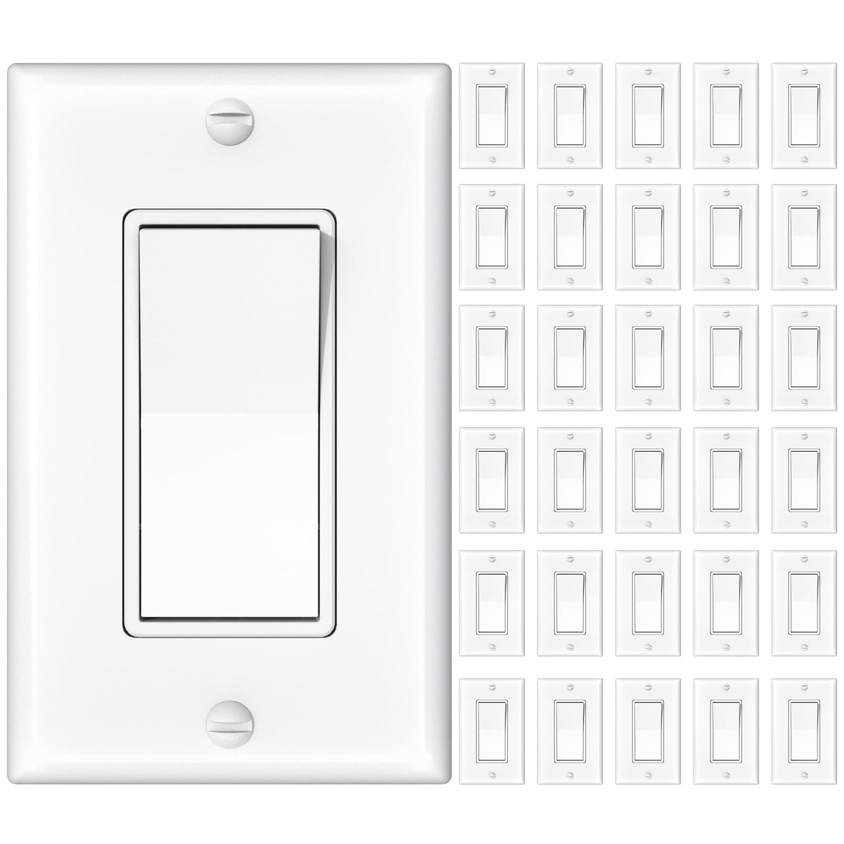 Amico 30-pack single pole switch front view in white for residential use.