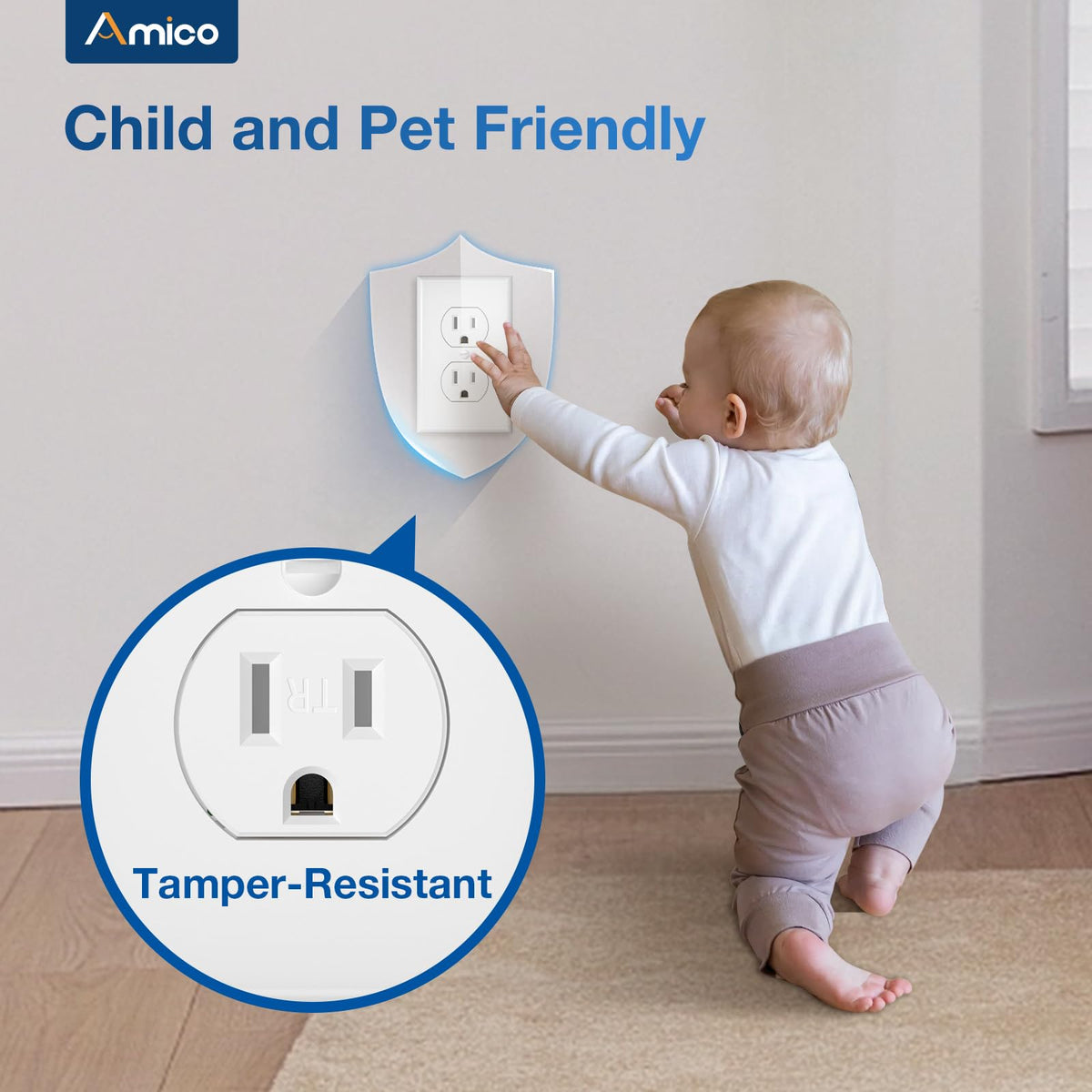 Amico tamper-resistant outlets illustrating safety shutters and accessible power.