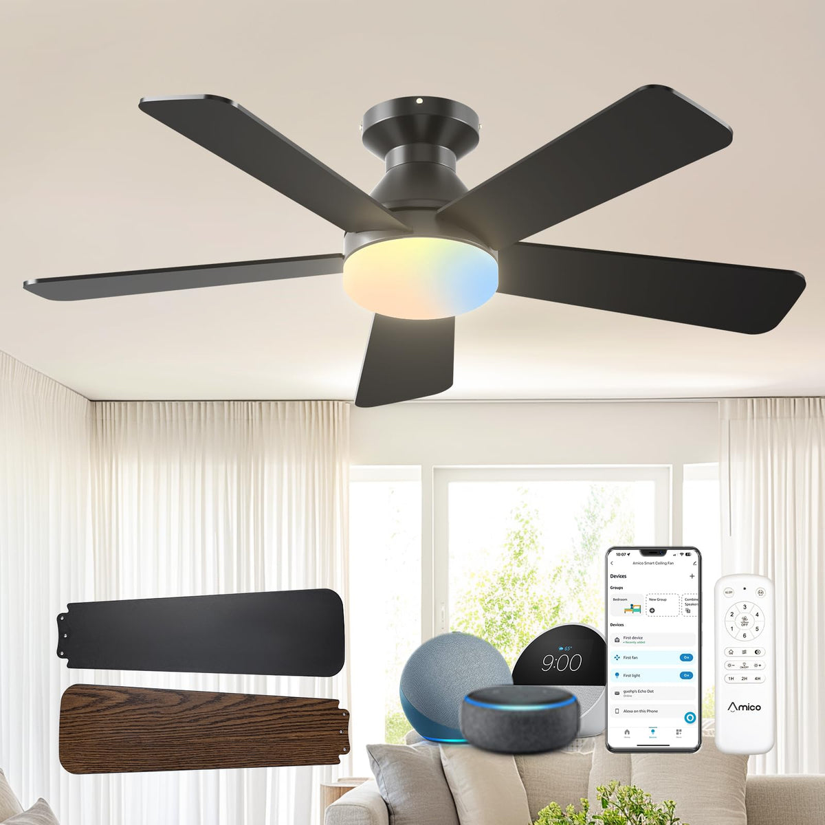 Amico 42in smart ceiling fan with light compact cooling for small rooms