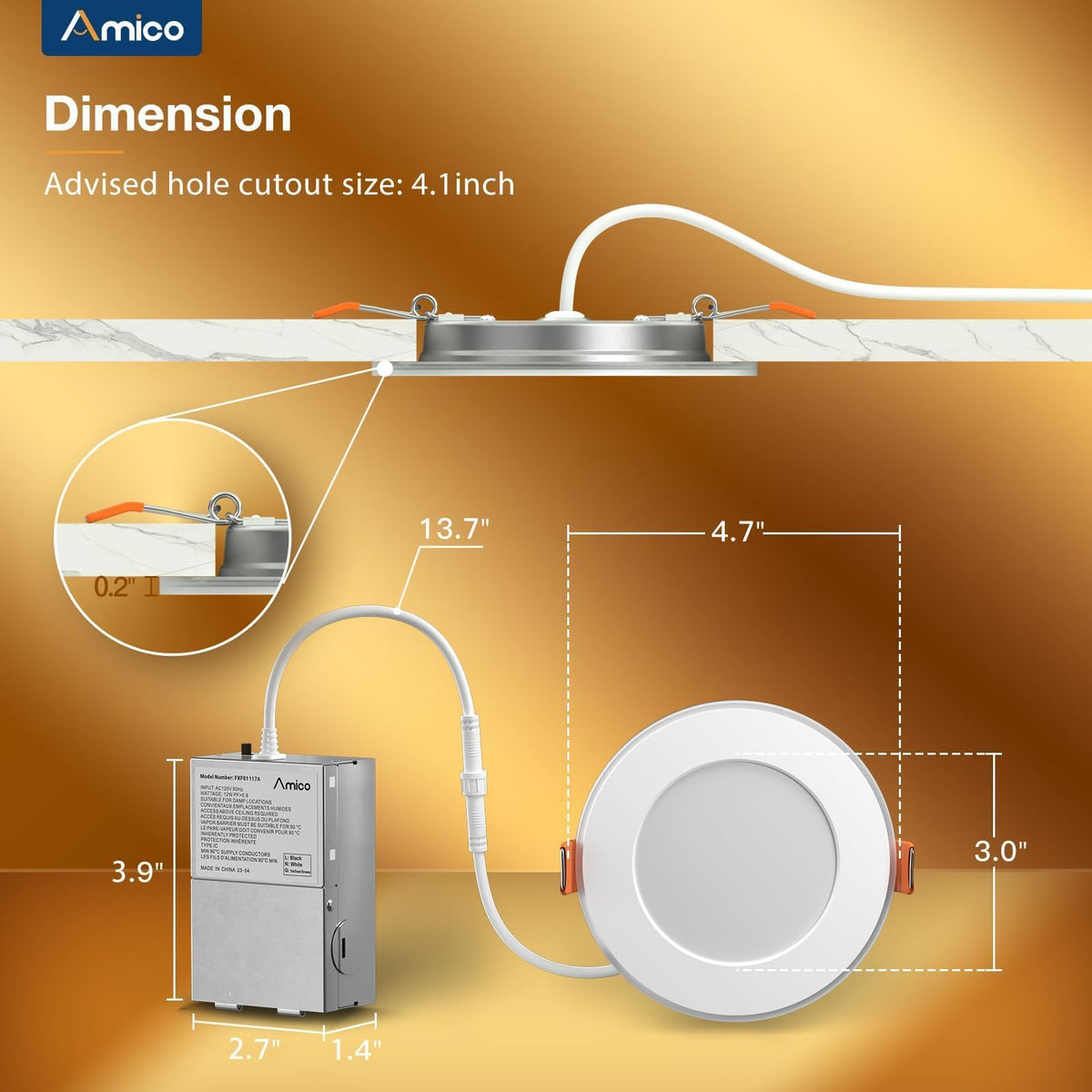 Amico 4 inch IC-rated ETL downlight safe in insulated ceilings.