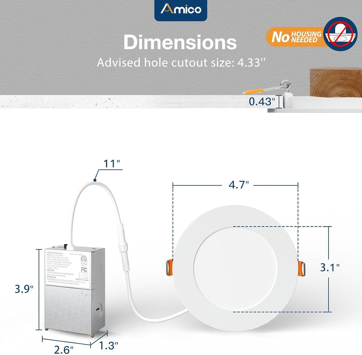 Amico 4-inch downlight with junction box included for simple installation.