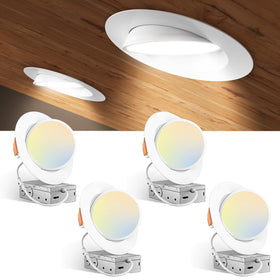 Amico 4-pack 6-inch gimbal downlight focusing light across a room.